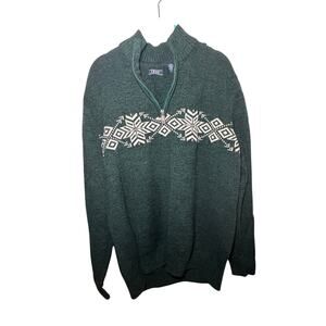 IZOD Men’s XL Quarter-Zip Sweater Green Nordic Snowflake Pattern